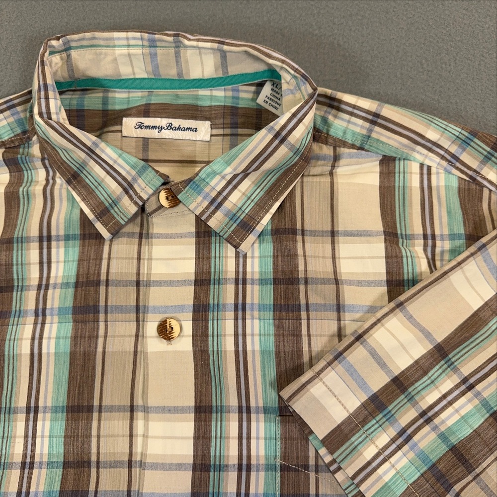 Tommy Bahama Mens XL Silk Blend Plaid Short Sleeve Button Down Camp Shirt Teal